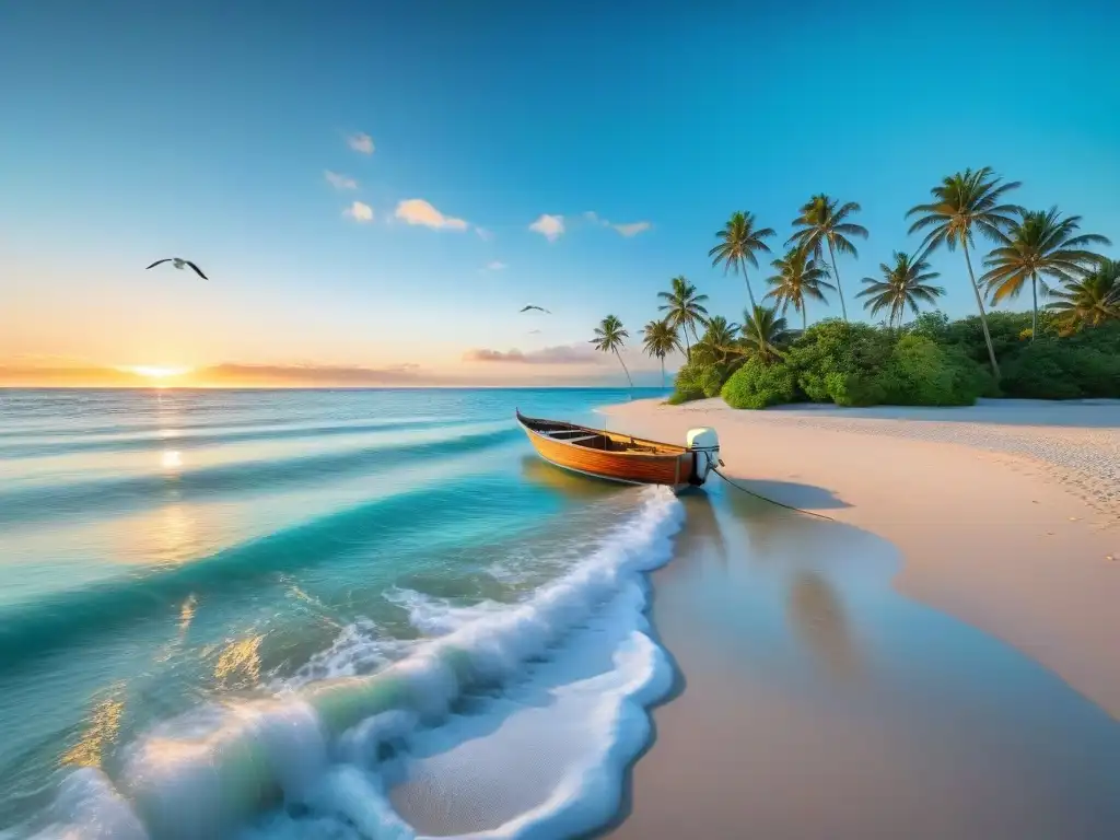 Puesta de sol en la playa: lujo y tranquilidad en propiedades frente al mar Atardecer vibrante en una playa virgen, aguas turquesa cristalinas, gaviotas en el cielo, palmeras en la costa