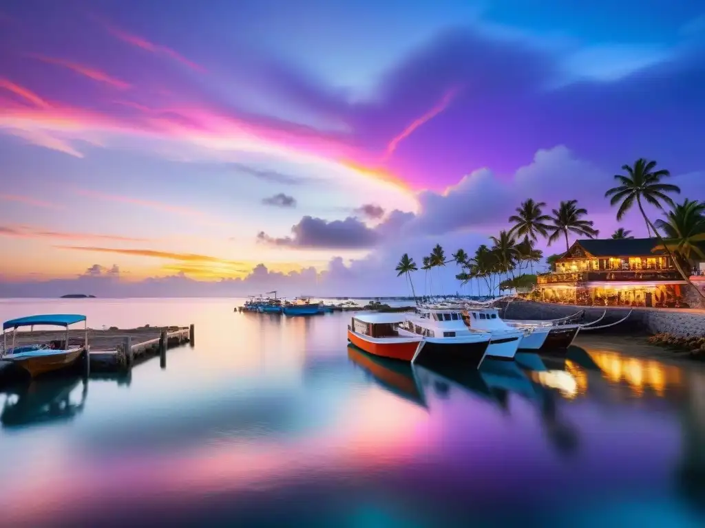 Atardecer vibrante en pueblo costero: Palmeras, barcos y cielo de colores Un atardecer vibrante ilumina un pueblo costero sereno con palmeras y botes de pesca, en un paraíso costero para vivir