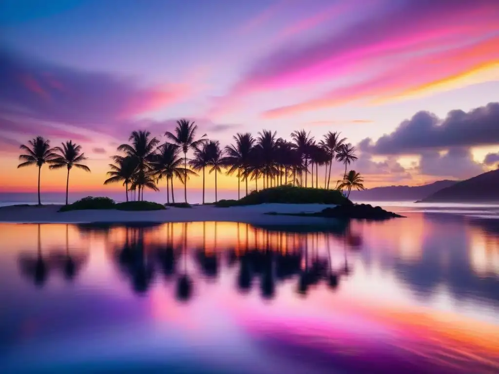 Atardecer vibrante: reflejos en el mar, palmeras y gaviotas Un atardecer vibrante reflejado en aguas tranquilas, con palmeras siluetadas en la costa