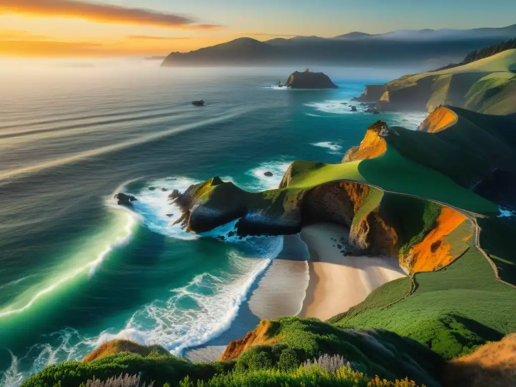 Atardecer dorado en la costa del Pacífico: belleza y serenidad Un atardecer vibrante sobre el océano Pacífico, costa rocosa con vegetación, figura solitaria en acantilado