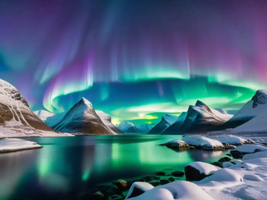 Espectacular aurora boreal sobre costa noruega Auroras boreales danzan sobre la costa de Noruega bajo una noche estrellada y majestuosos paisajes nevados