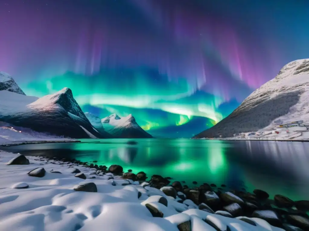Aurora boreal en Noruega: danza de colores en la noche Auroras boreales danzando en la costa de Noruega: una vista impresionante de la naturaleza