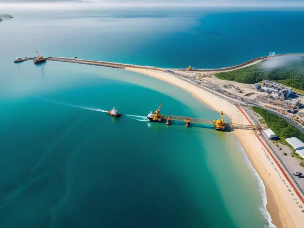 Construcción costera: Integración AI y humanos Avanzada construcción costera con inteligencia artificial integrada, maquinaria y trabajadores junto al mar