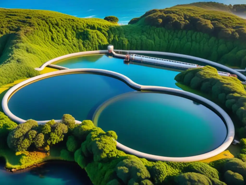 Planta de tratamiento de aguas avanzada en la costa Avanzada planta de tratamiento de aguas residuales costeras, rodeada de exuberante vegetación y con vista al mar