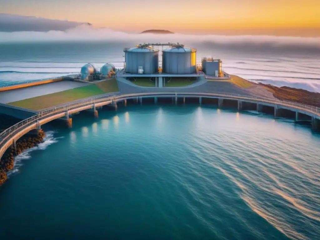 Planta de Tratamiento de Aguas Residuales en la Costa al Atardecer Avanzada planta de tratamiento de aguas residuales costeras al atardecer, con tecnología y personal especializado