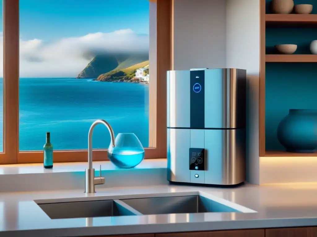 Revolutionary reverse osmosis system in coastal kitchen Avanzado sistema de filtración de agua para hogares costeros en cocina moderna con vista al mar