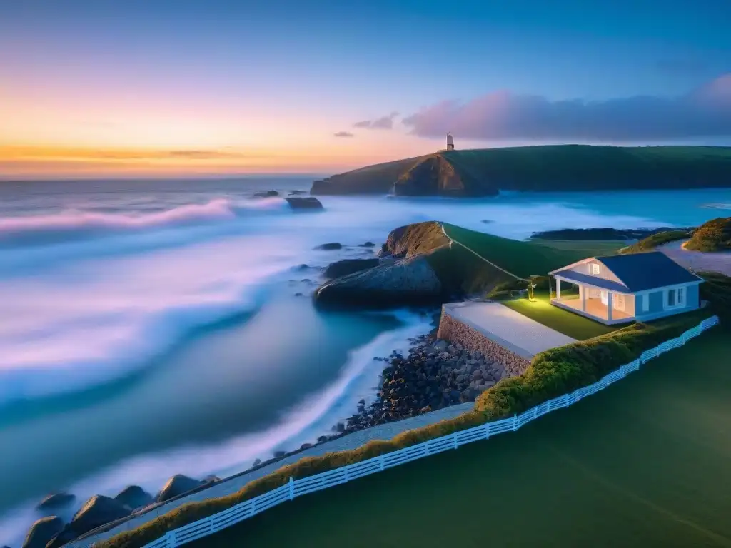 Sistema de seguridad costero al atardecer: luces, cámaras y alarma Avanzado sistema de seguridad para propiedades costeras con tecnología en atardecer junto al mar