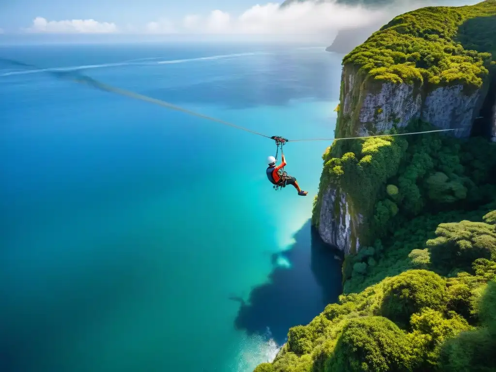 Ziplining sobre el océano: emoción y aventura en la naturaleza Aventureros disfrutando de la emoción de la tirolesa sobre el océano, rodeados de exuberante naturaleza y aguas azules