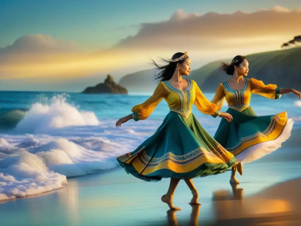 Danzas tradicionales costeras: armonía con el mar Bailarines costeros en trajes vibrantes, moviéndose al ritmo del mar al atardecer, evocando las olas