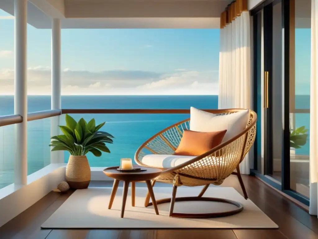 Balcón costero sereno al amanecer con toque de elegancia y tranquilidad Un balcón costero sereno con diseño de exteriores casas playa 2023 en elegante rattan y seashells