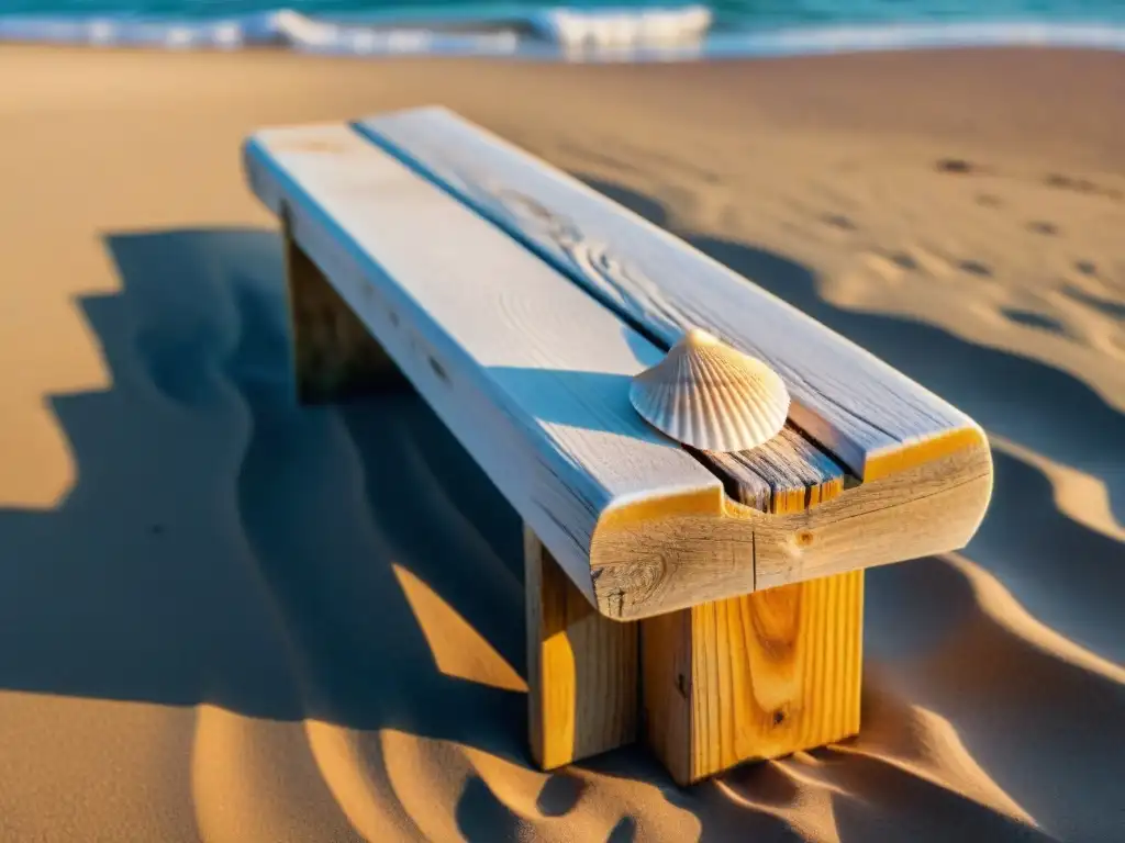 Banco de madera en playa con detalles de conchas Un banco de madera blanqueada por el clima con detalles de conchas en la costa, bañado por la luz dorada del sol