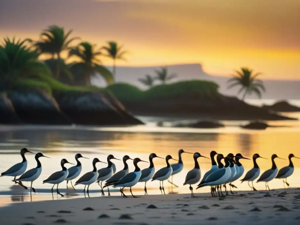 Bandada de aves costeras al amanecer en vuelo sincronizado Bandada de aves costeras coloridas volando al amanecer en una costa prístina