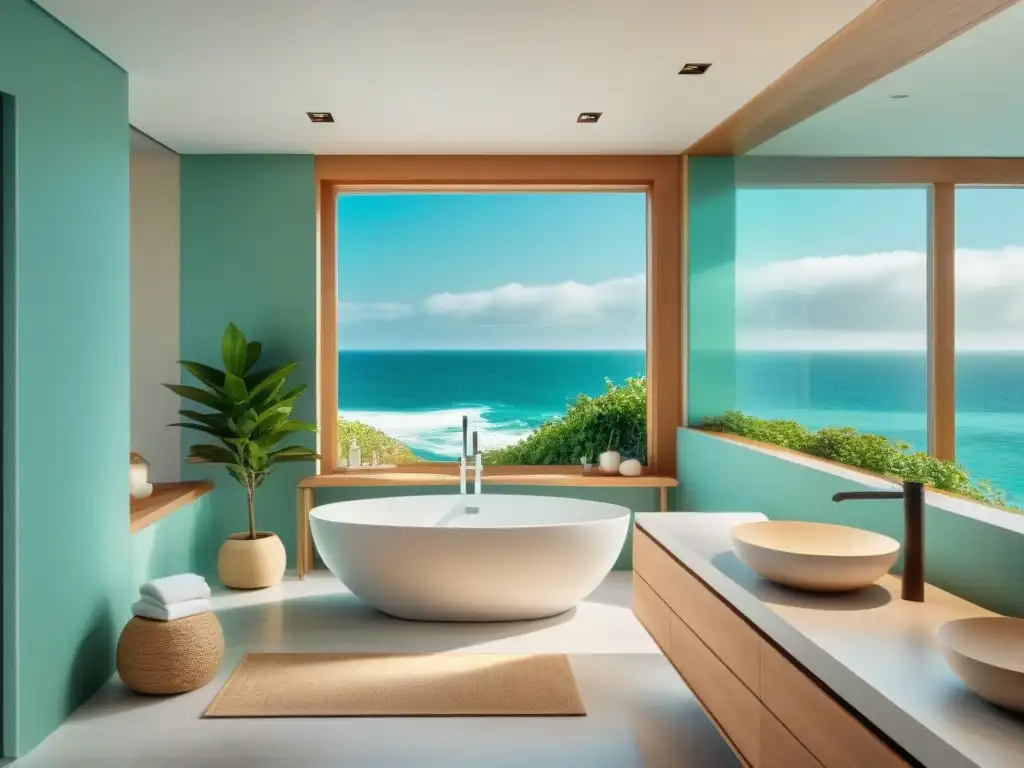 Diseño costero inspirado en el mar: baño sereno y elegante Un baño costero inspirado en el mar, con azulejos color arena y detalles verdes marinos