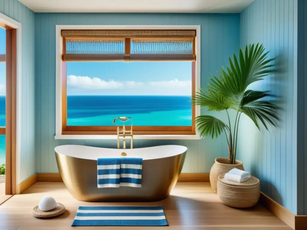 Baño costero sereno con bañera y vista al mar Baño costero sereno con bañera y vista al mar, decoración náutica y detalles playeros