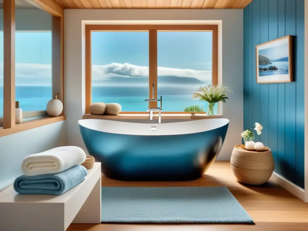 Baño costero sereno con bañera y vista al mar Un baño costero sereno con bañera independiente y vista al mar, decorado en tonos azules y blancos