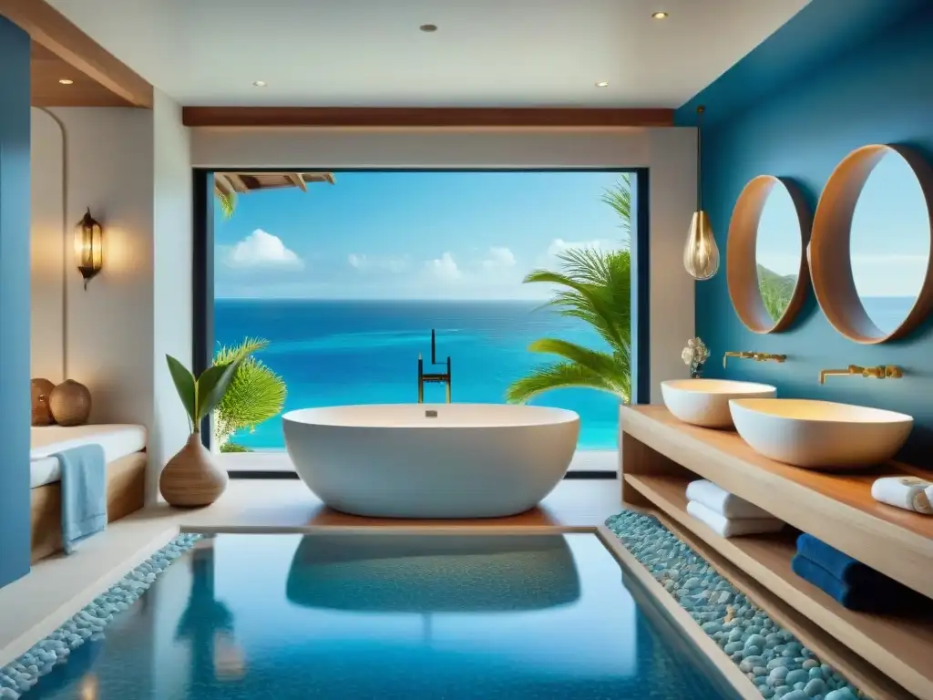 Baño de lujo con vista al mar: relajación y tranquilidad en casa Baño lujoso con vista al mar, decoración inspirada en el mar, relajante y sereno