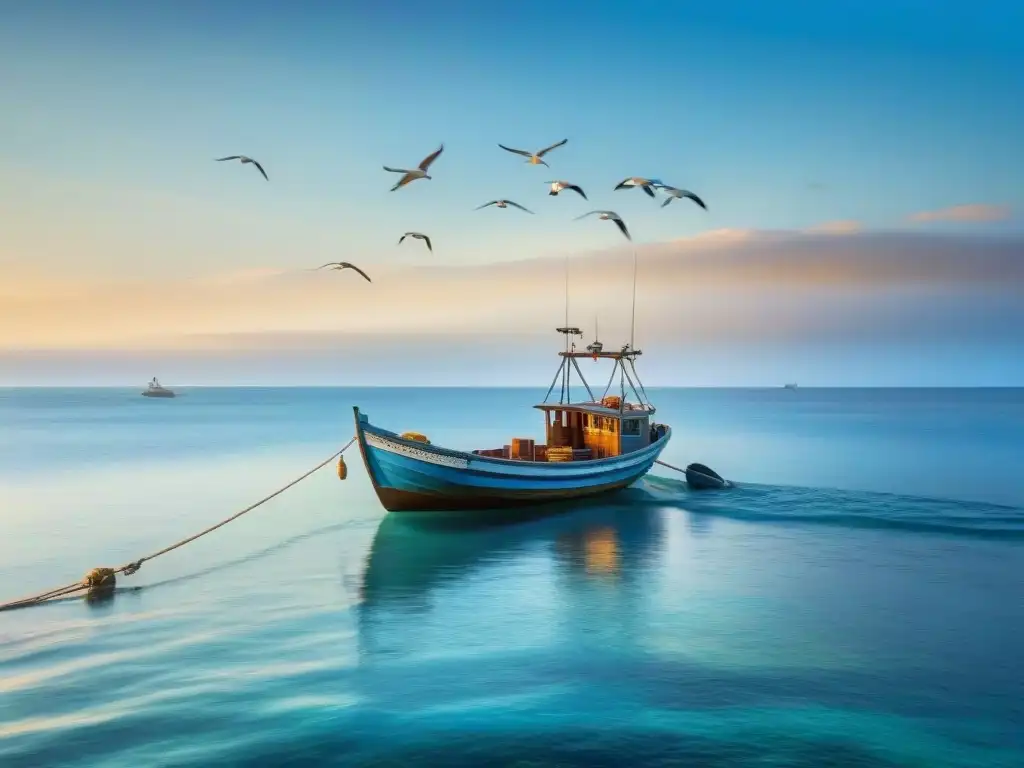 Barca pesquera con pescado fresco al atardecer Barca pesquera con pescado fresco en el mar, gaviotas y atardecer dorado