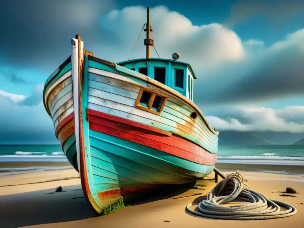 Barco pesquero varado: historia y resistencia en la costa Barco pesquero desgastado en la costa, con colores y cuerdas enredadas