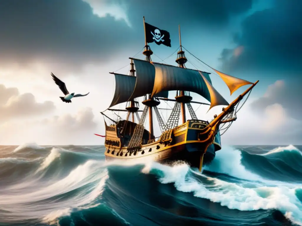 Barco pirata en tormenta: aventura y peligro en alta mar Un barco pirata navega en mares turbulentos bajo un cielo tormentoso, rodeado de olas y gaviotas