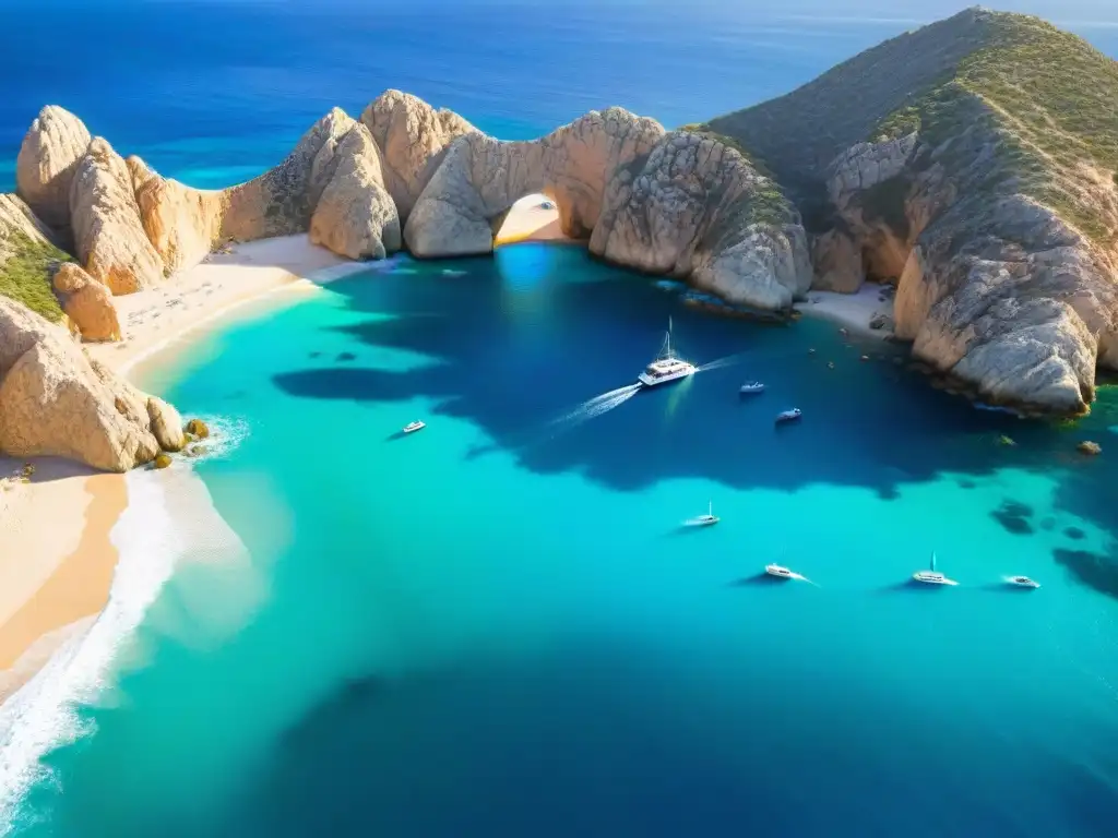 Espléndida vista aérea del Arco de Cabo San Lucas y aguas cristalinas Explora la belleza de Cabo San Lucas con propiedades costeras junto al icónico Arco y aguas cristalinas del Mar de Cortés