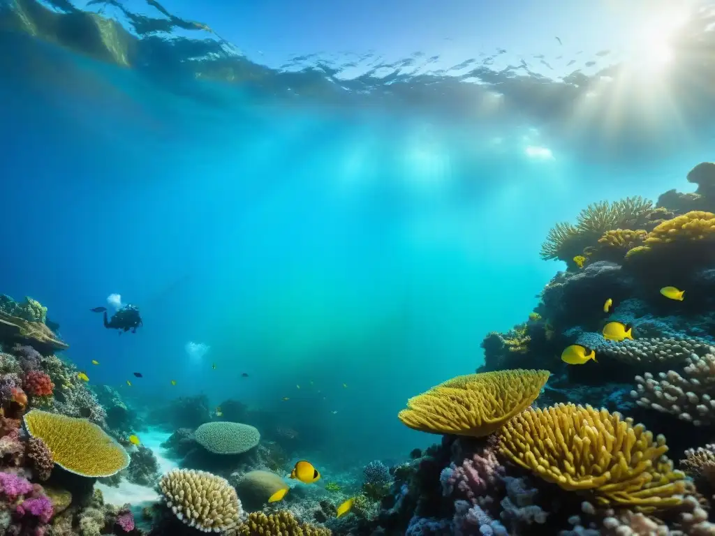 Exploración submarina: arrecife de coral vibrante y peces coloridos Explora los beneficios del buceo en costa en un vibrante arrecife de coral lleno de vida marina colorida y plantas marinas ondeando