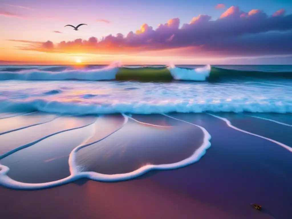 Playa serena al amanecer: belleza y tranquilidad costera Beneficios del clima costero en el bienestar: amanecer sereno en la playa, olas suaves, gaviotas y cielo colorido al amanecer