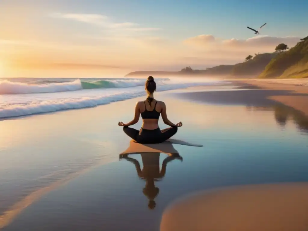 Playa serena al amanecer: yoga y naturaleza Disfruta de los beneficios de vivir en la costa con esta imagen de una playa serena al amanecer, donde una persona practica yoga en la arena