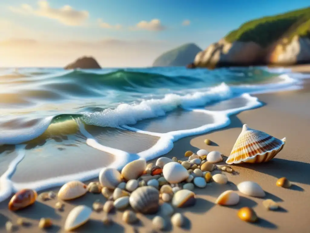 Escena costera tranquila con conchas y gaviota Disfruta de los beneficios para la salud al vivir cerca del mar, con una escena costera tranquila con conchas y una gaviota