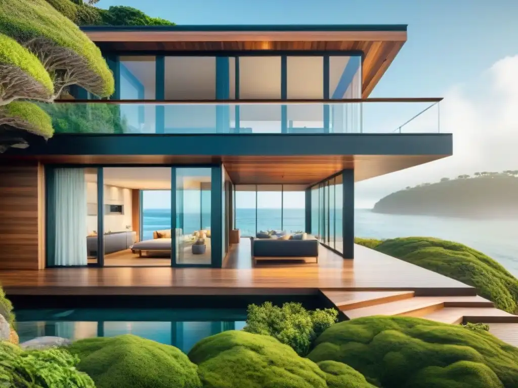Arquitectura costera biofílica: fusión perfecta con la naturaleza Diseño biofílico en propiedades costeras: casa moderna en la costa con ventanales, techo verde y deck de madera hacia el mar