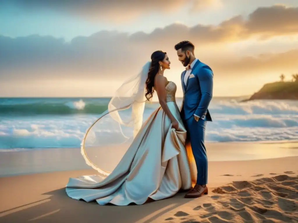 Boda romántica en la playa al atardecer Una boda de ensueño en la playa al atardecer, parejas intercambiando votos bajo una pérgola decorada con telas blancas