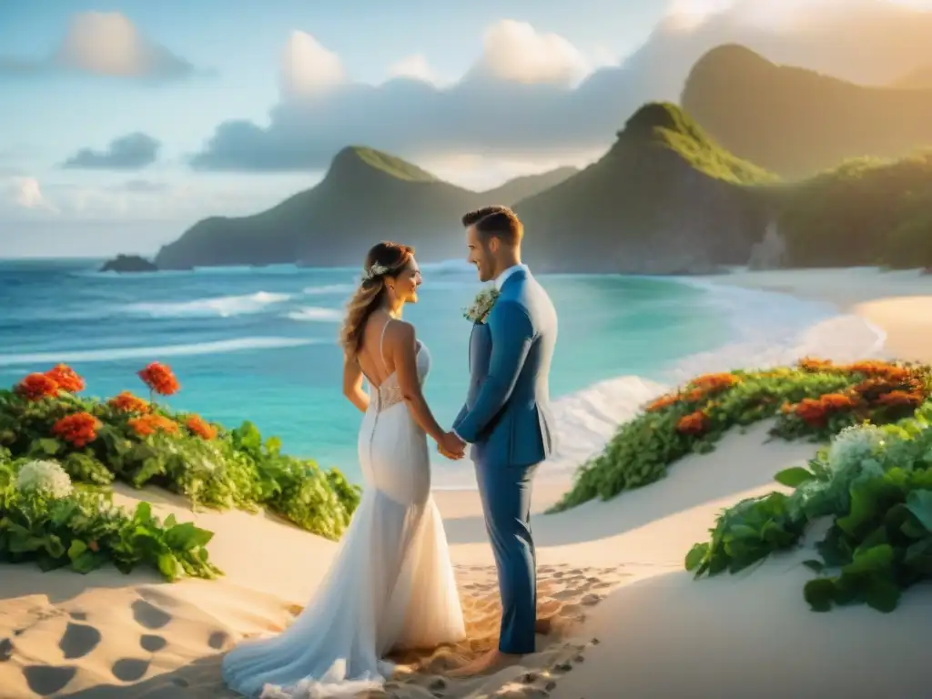 Boda bohemia en la playa al atardecer Boda en la playa al atardecer, pareja intercambiando votos rodeados de flores tropicales y amigos sonrientes