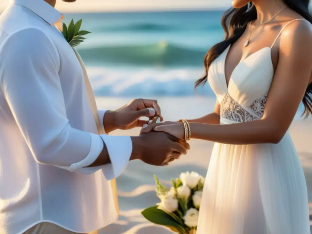 Intercambio de votos en la playa al atardecer Boda en la playa al atardecer: pareja intercambia votos con anillos, amor en sus ojos, olas suaves al fondo