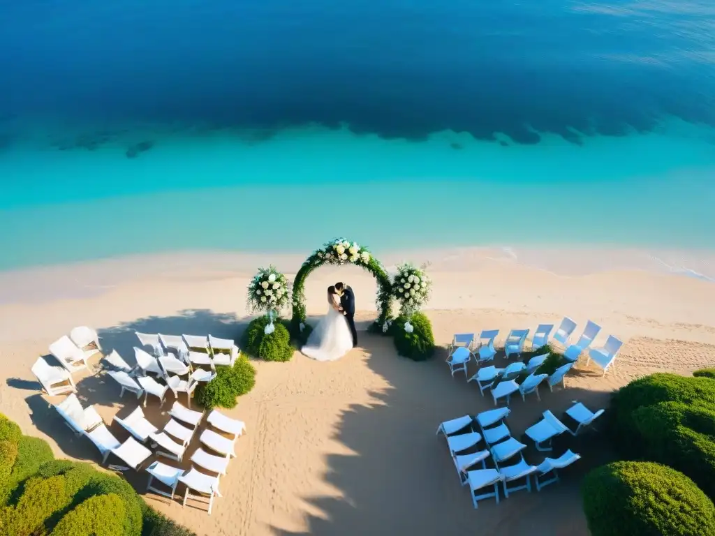 Boda de ensueño en la playa: arco floral, sillas blancas y mar turquesa Una boda en la playa de ensueño con sillas blancas, arco floral y mar turquesa