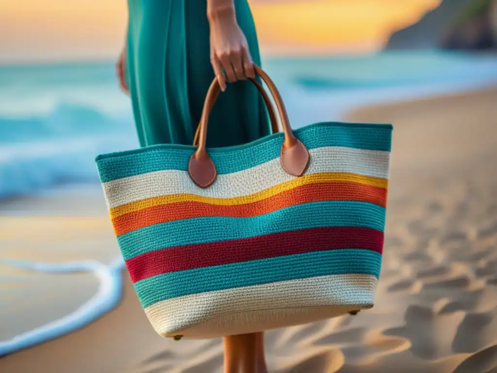 Bolso de playa de lujo eco-friendly: tejido a mano y vibrantes colores Bolso de playa de alta gama en materiales sostenibles con detalles tejidos a mano y colores vibrantes bajo el sol