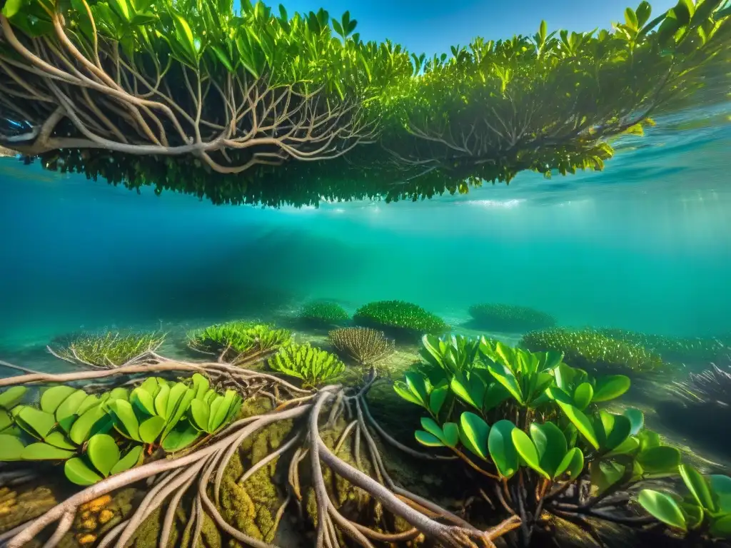 Maravilloso manglar costero: diversidad y equilibrio ecológico Un bosque de manglares diverso y detallado muestra la conservación de la protección costera y la biodiversidad marina