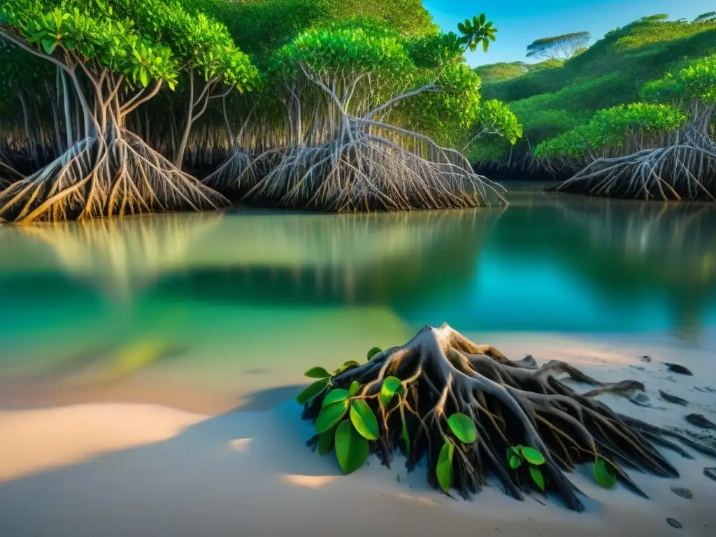 Maravillosa biodiversidad en manglar costero Un bosque de manglares vibrante en la costa, protegiendo y filtrando, reflejando la belleza natural