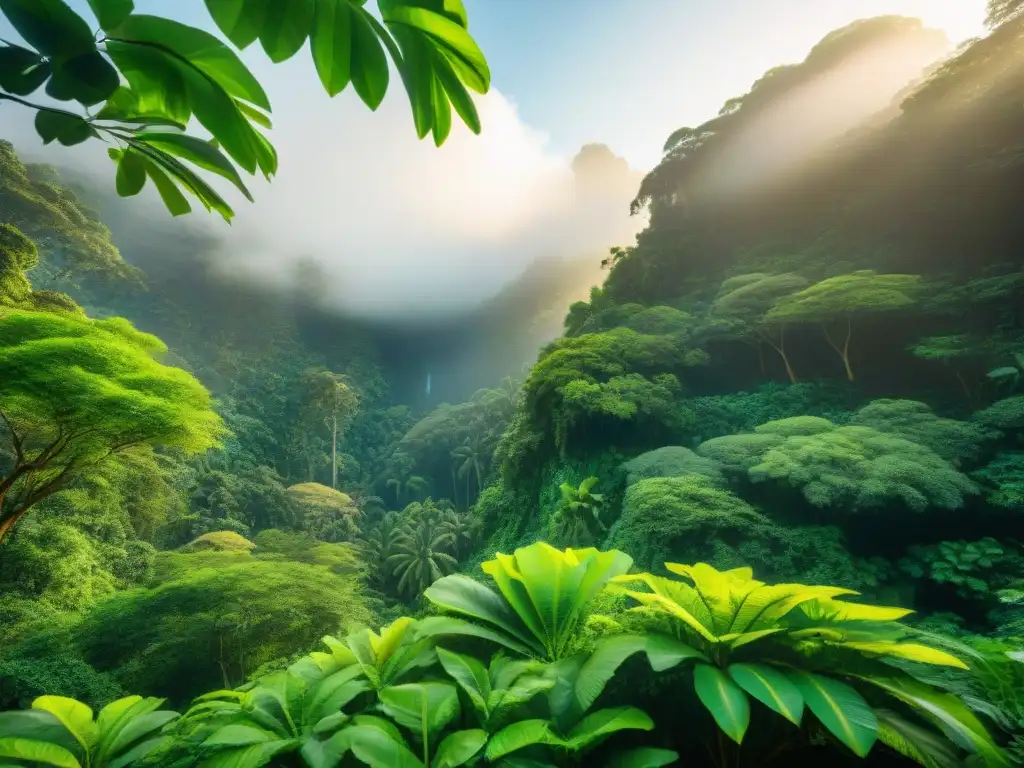 Experiencia ecofamiliar en la selva: naturaleza, aprendizaje y aventura Un bosque tropical exuberante bajo el sol dorado, con familias explorando la biodiversidad