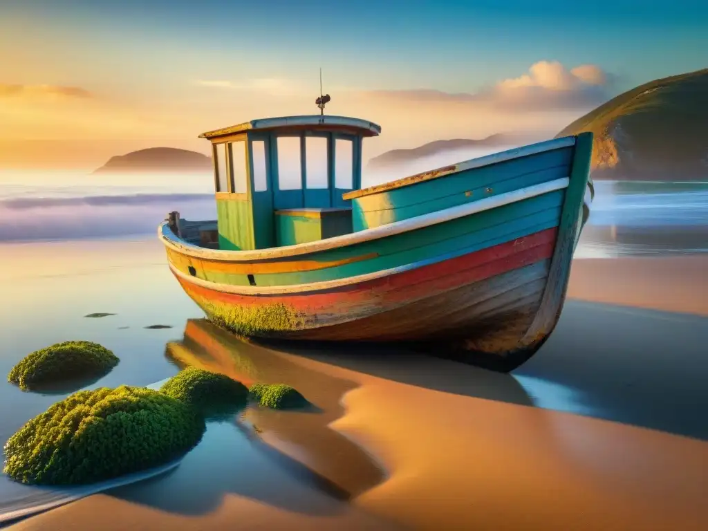 Barca pesquera en la costa: belleza del mar y el tiempo Un bote pesquero desgastado en la costa arenosa al atardecer, con pintura descascarada