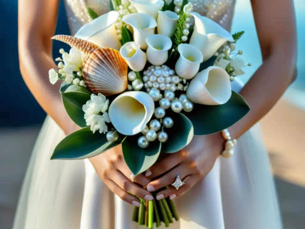 Ramo de novia con perlas y conchas: detalle y elegancia marina Un bouquet nupcial deslumbrante con detalles de perlas y conchas marinas