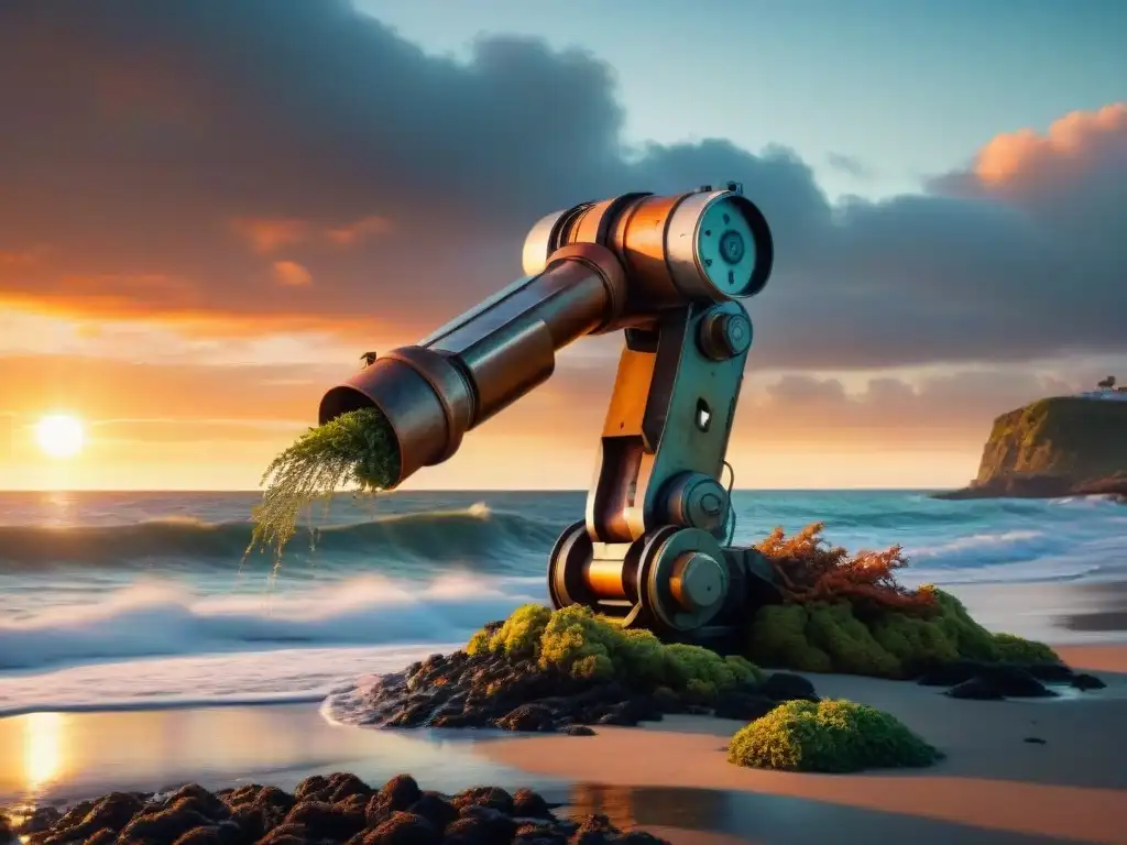 Robótica costera: defensa ante olas implacables Un brazo robótico resistente, cubierto de óxido y algas, refuerza una estructura costera contra olas poderosas al atardecer