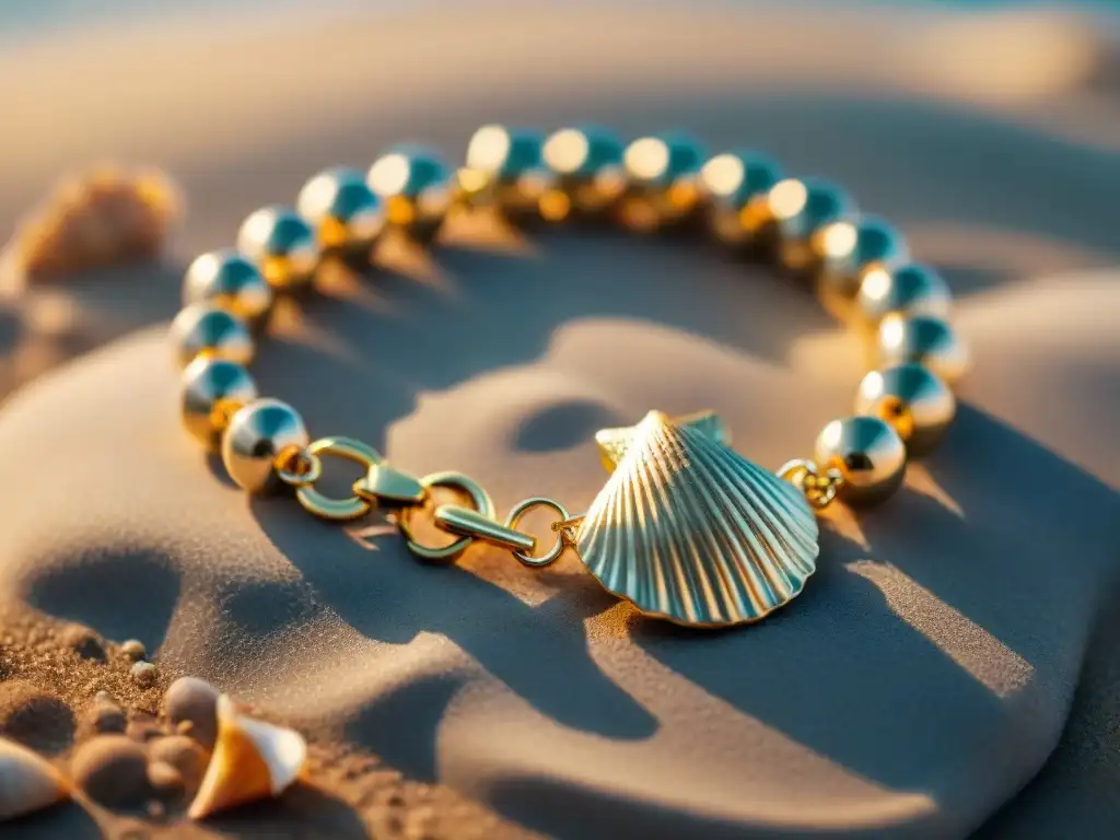 Pulsera de oro inspirada en el mar: detalle y brillo excepcionales Brillante brazalete dorado con motivos marinos, reflejando la luz del sol en la playa