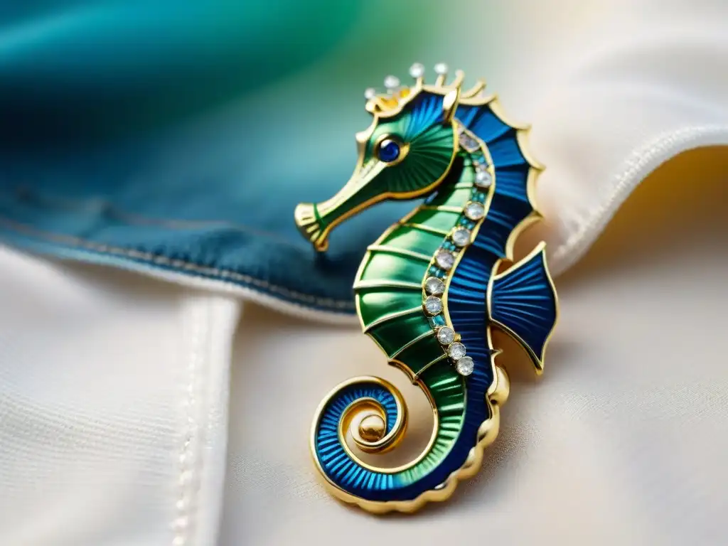 Broche seahorse: un detalle marino de elegancia Broche de seahorse brillante en esmalte azul y verde, con cristales centelleantes