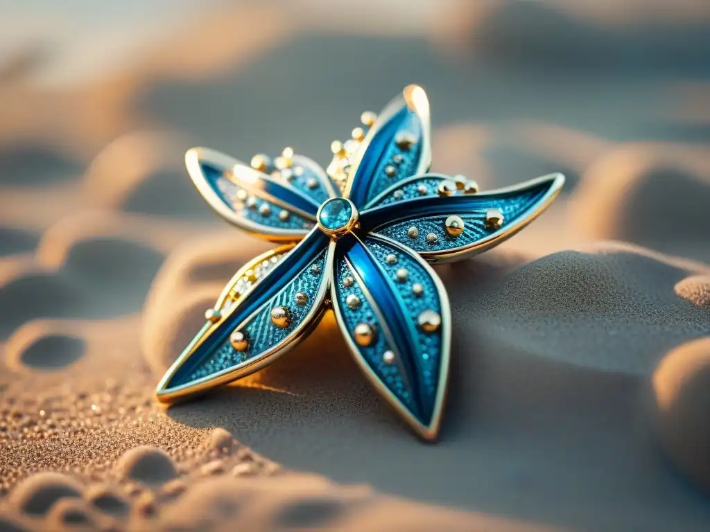 Broche estrella de mar con detalles brillantes en la playa Broche en forma de estrella de mar brillante, reflejando la luz del sol en la playa