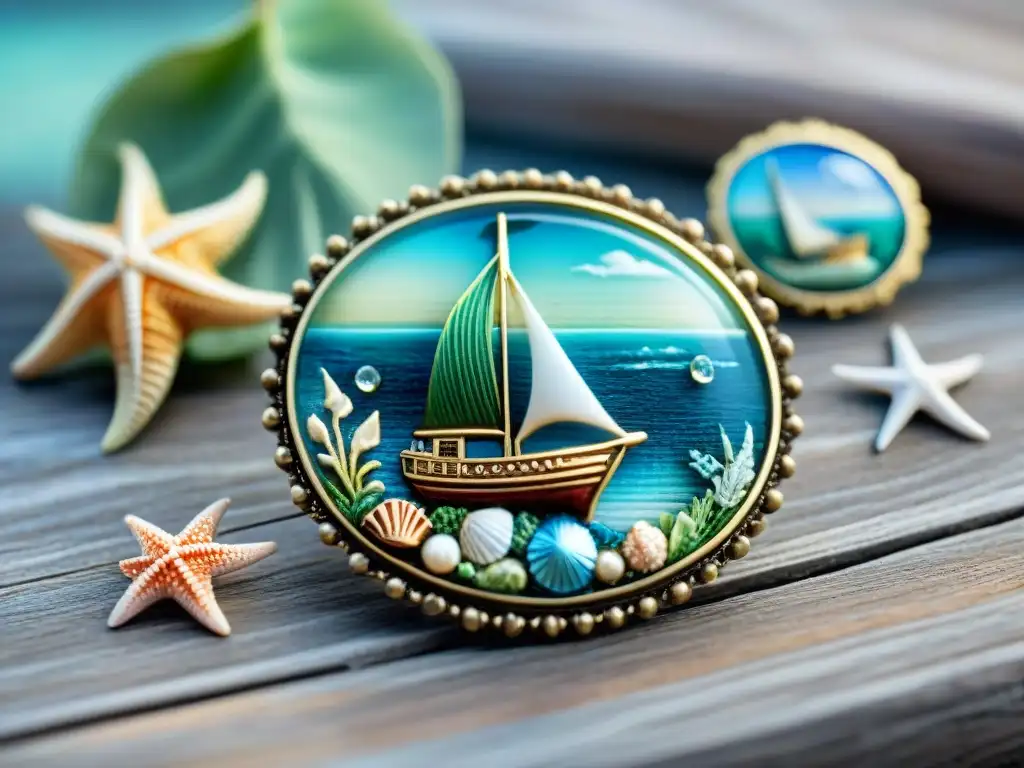 Broches marinos detallados: belleza y tranquilidad oceánica Broches y pines para amantes del mar: Detalles marinos vibrantes en mesa de madera