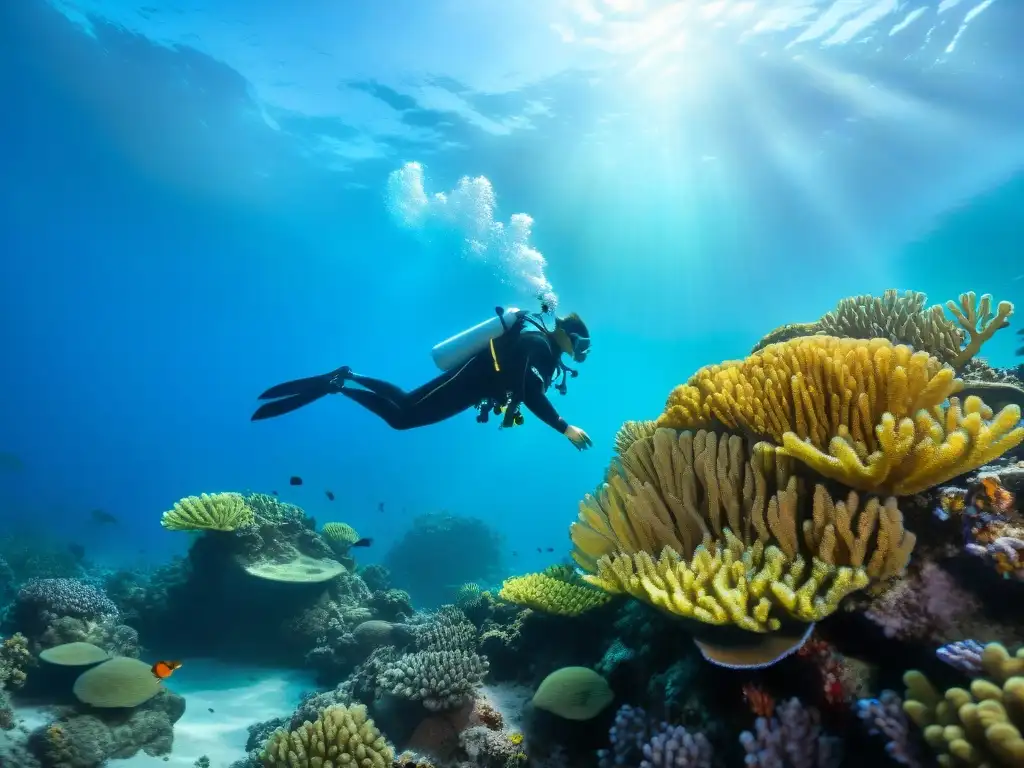 Exploración submarina en arrecife de coral vibrante Un buceador explora los vibrantes arrecifes de coral en la Gran Barrera, rodeado de peces coloridos