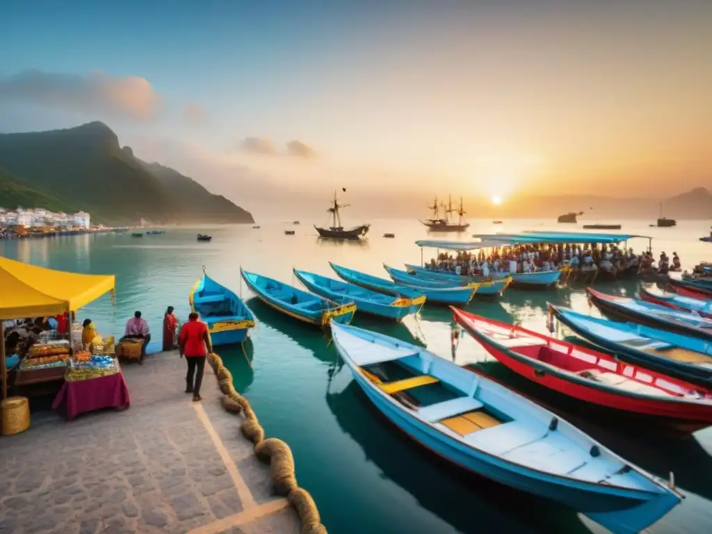 Mercado costero al atardecer: colores y sabores del mar Un bullicioso mercado costero lleno de coloridos puestos vendiendo mariscos frescos, frutas tropicales y artesanías