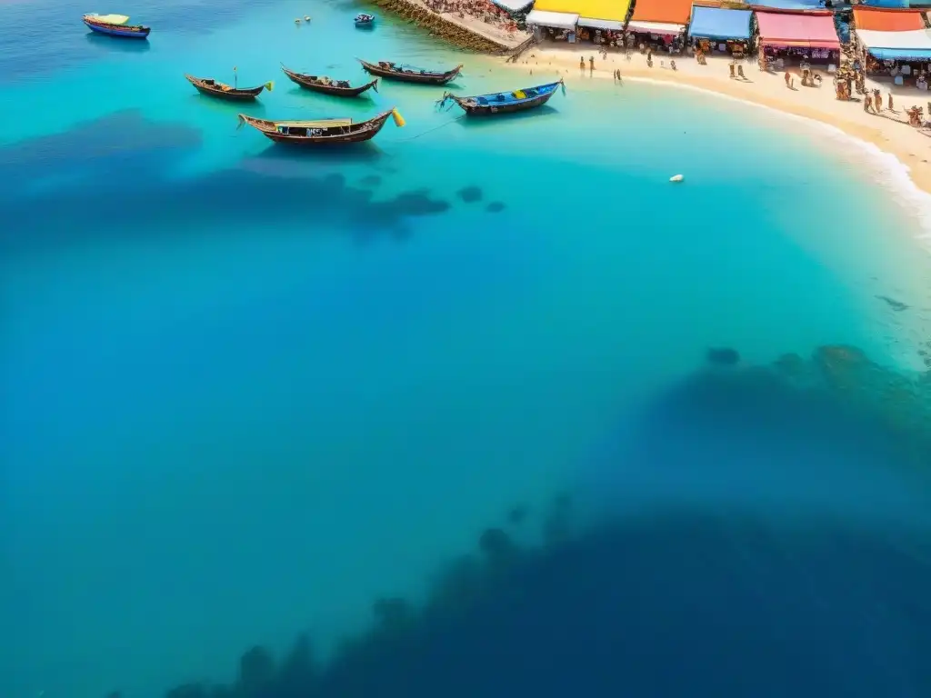Mercado costero vibrante: escena aérea de actividad y color junto al mar Un bullicioso mercado costero con propiedades costeras en mercados emergentes