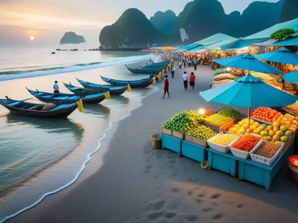 Mercado costero en Da Nang: tradición y modernidad Un bullicioso mercado costero en Da Nang, Vietnam, con puestos vibrantes de mariscos frescos, frutas coloridas y artesanías vietnamitas tradicionales
