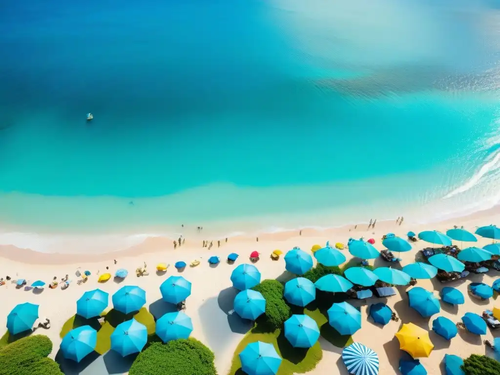Mercado costero vibrante: vida y color en la playa Un bullicioso mercado costero con sombrillas coloridas, mar turquesa y pueblo pintoresco al fondo