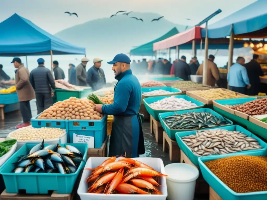 Mercado pesquero costero: frescura y tradición Un bullicioso mercado de pescado costero con pescado fresco y vendedores locales